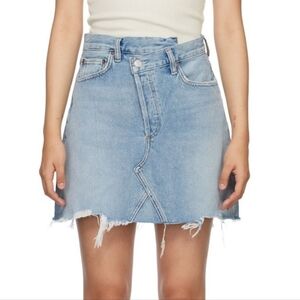 Agolde Premium Criss Cross Light Wash Denim Distressed Festival Mini Skirt